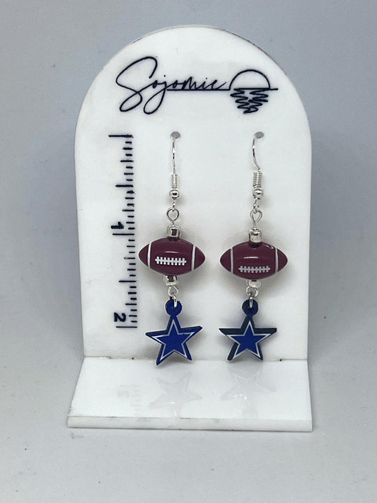 Football Earrings with Star Charm | Game Day Dangle Earrings | Handmade Sports Fan Jewelry | Gift for Her | Tailgate Accessories