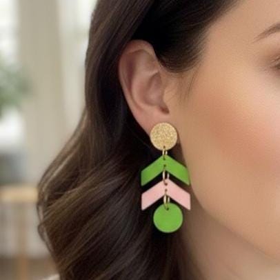 Pink & Green Chevron Earrings – Glinda Elphaba Inspired - Alpha Kappa Alpha AKA Sorority Earrings - Acrylic Statement Dangles