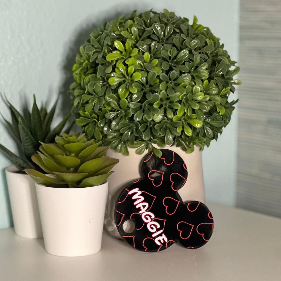 "Custom black tumbler topper with red heart pattern and 'Maggie' in white text, displayed among various potted succulents on a shelf."