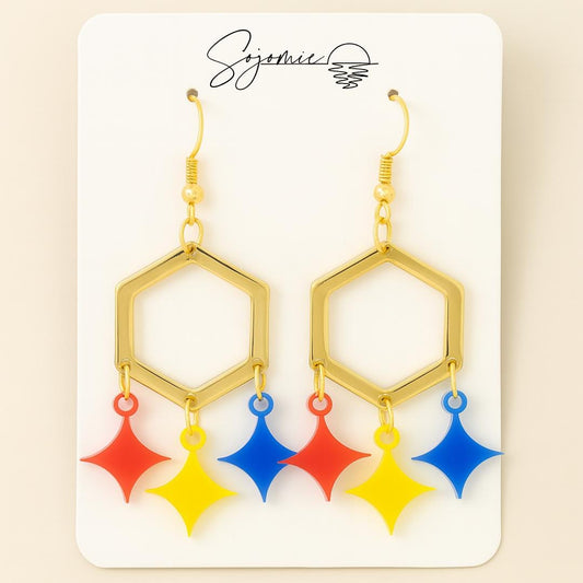 Steelers Inspired Star Earrings - Colorful Hexagon Drop Jewelry for Football Fans