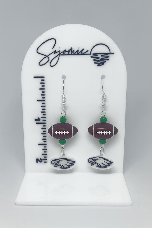Green Football Bird Earrings | Acrylic Resin Dangle Earrings | Game Day Jewelry | Handmade Sports Fan Earrings | Tailgate Accessories