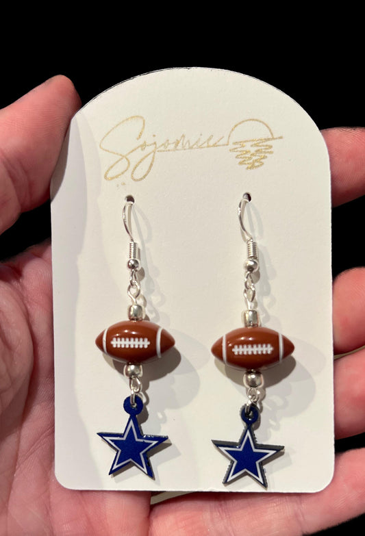 Football Earrings with Star Charm | Game Day Dangle Earrings | Handmade Sports Fan Jewelry | Gift for Her | Tailgate Accessories