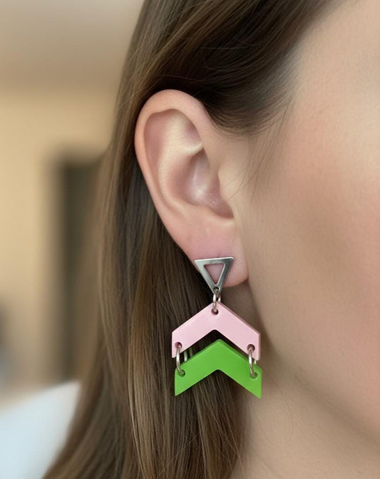 Pink & Green Chevron Earrings – Glinda Elphaba Inspired - Alpha Kappa Alpha AKA Sorority Earrings - Acrylic Statement