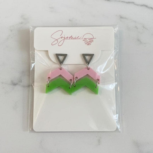 Pink & Green Chevron Earrings – Glinda Elphaba Inspired - Alpha Kappa Alpha AKA Sorority Earrings - Acrylic Statement