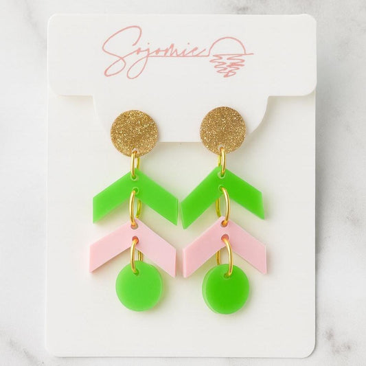Pink & Green Chevron Earrings – Glinda Elphaba Inspired - Alpha Kappa Alpha AKA Sorority Earrings - Acrylic Statement Dangles
