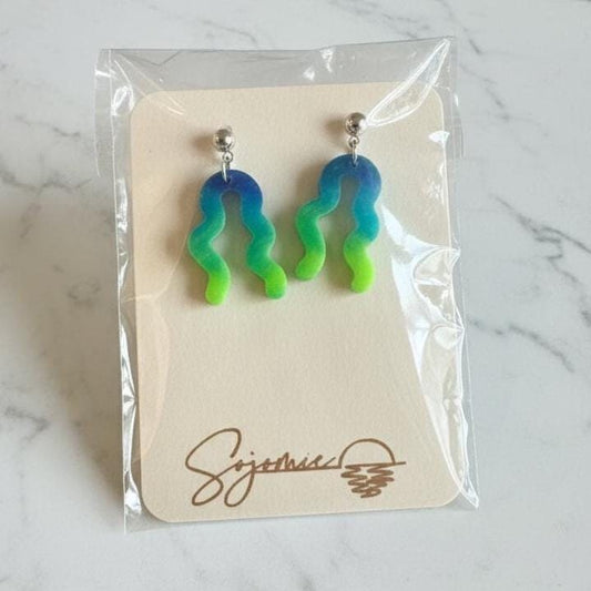 Ocean Breeze Ombre Wavy Polymer Clay Earrings | Blue and Green Abstract Dangle Earrings | Handmade Statement Jewelry
