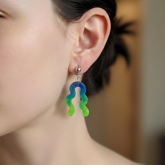 Ocean Breeze Ombre Wavy Polymer Clay Earrings | Blue and Green Abstract Dangle Earrings | Handmade Statement Jewelry